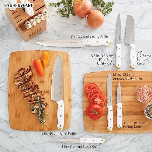 Farberware 15-Piece Triple Riveted Knife Block Set, High Carbon-Stainless Steel Kitchen Knives, Razor-Sharp Knife Set with Wood Block, White and Gold - 15-Piece - White and Gold thumbnail 6