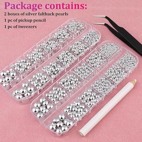 Belleboost Silver Nail Charms and Gems, 2 Boxes Half Round Flatback Pearl Nail Charms, Nail Pearls Rhinestones Silver Beads for Nails with Pencil and Tweezer for DIY Nail Art, Face Makeup and Crafting thumbnail 7