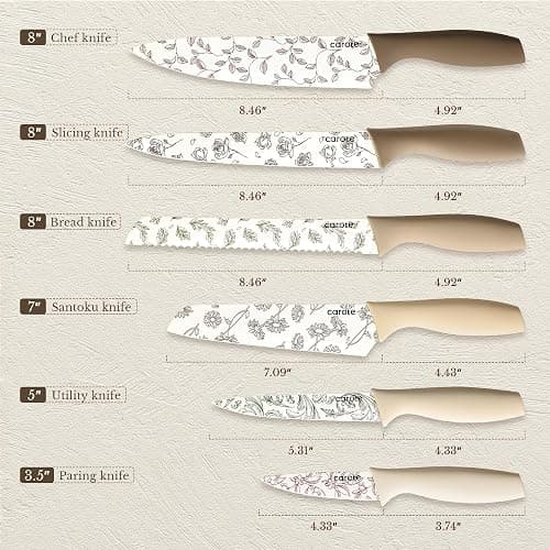 CAROTE 12PCS Knife Set, Kitchen Knife Set with 6 Blade Guards, Stainless Steel Knives Set With Nonstick Ceramic Coating, Rustproof, Delicate Floral Designs, White thumbnail 3