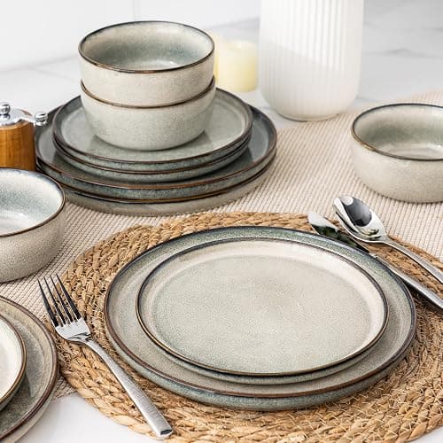 GBHOME Ceramic Dinnerware Sets for 4, 12 Pieces Stoneware Plates and Bowls Sets, Reactive Glaze Dishes -Scratch Resistant, Dishwasher&Microwave Safe, Green Wheat thumbnail 3
