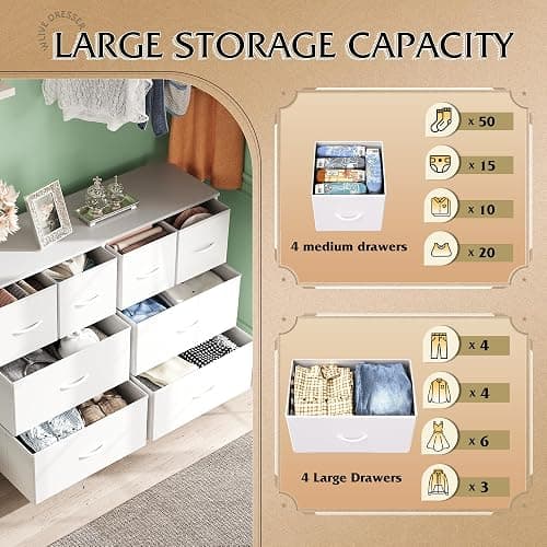 WLIVE Wide Dresser for Bedroom, 8 Drawer Chest of Drawers, White | 8 roomy fabric drawers, Wide storage design, Bedroom or closet use, Sturdy steel frame, Smooth wood tabletop thumbnail 5