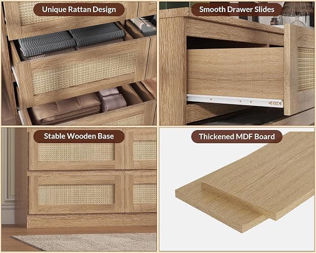 GarveeHome Rattan Dresser for Bedroom, Modern 6 Drawer Double Dresser for Bedroom, Wide Wood Chest of Drawers for Bedroom, Living Room, Hallway, Natural thumbnail 3