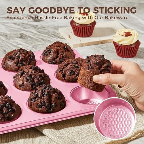 HONGBAKE 9-Piece Baking Pans Set Nonstick, Stackable Non Toxic Bakeware Sets with Diamond Texture, Oven Pan Set for Cooking, Includes Cookie Sheet with Rack, Cake Pan, Roasting Pan, Muffin Tin, Pink thumbnail 7
