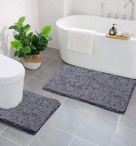 LuxUrux Bathroom Rug Set 2 Piece, Soft Absorbent Cheinlle Microfiber Bath Mat with Contour Toilet Rug, Non-Slip, Machine Wash Dry, Plush Shaggy Mats for Bathroom (20"x 30"+20"x 20" U-Shaped Gray) thumbnail 6