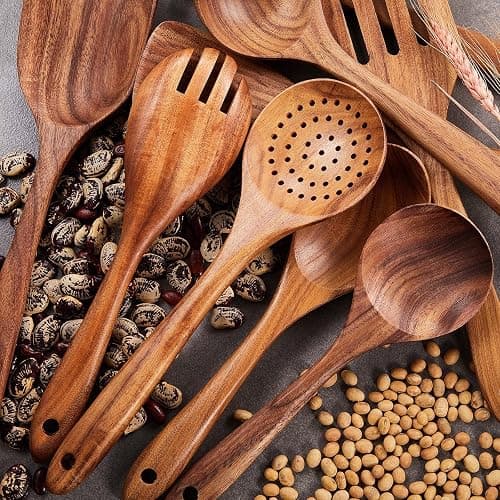 Wooden Kitchen Utensils Set,GUDAMAYE 9 PCE Natural Teak Wooden Spoons For Non-stick Pan for Cooking, thumbnail 2