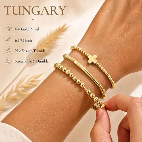 Tungary Gold Beaded Bracelets Set for Women, Non Tarnish 14K Gold Plated | 5Pcs Stackable Stretch Bracelet Stack Waterproof Dainty Pearl Cross Gold Beads Bracelet Jewelry Gift for Her thumbnail 5