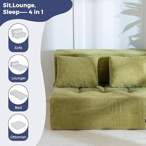 MAXYOYO Convertible Sofa Bed, Fold Out Loveseat Sleeper Sofa with Pillow, 4 in 1 Tufted Folding Couch Bed Foam Floor Couch, Lazy Chair for Living Room Bedroom Guest Room, Green thumbnail 7