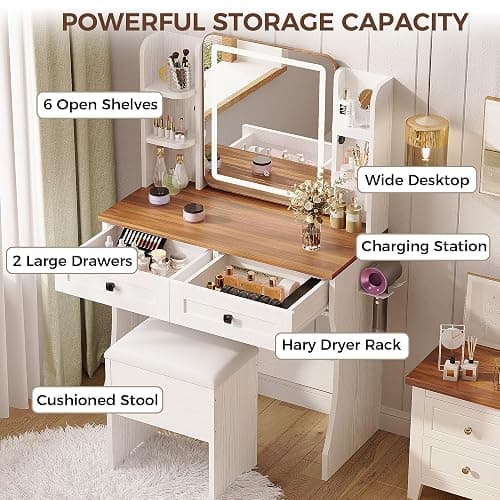 IRONCK Makeup Vanity with LED Lights & Power Outlet, Small Vanity Desk with Adjustable Mirror, 2 Large Drawers and 4 Open Shelves, Farmhouse Vanity with Storage Stool for Bedroom, White thumbnail 4