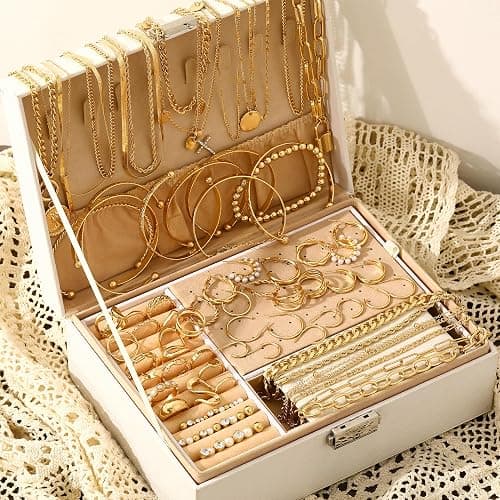 FAXHION 68 Pcs Gold Jewelry Set for Women with 7 Necklace, 17 Bracelet, 5 Hoop Earrings, 15 Stud Earrings, 24 Knuckle Rings for Women Jewelry Set for Women Gift thumbnail 7