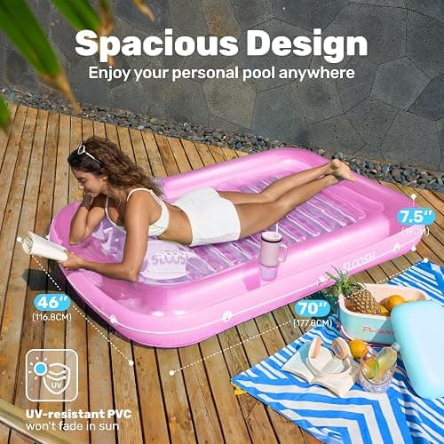 SLOOSH Inflatable Tanning Pool Lounger Float, 70" x 46" Pool Floats Adult with Pillow, 4 in 1 Suntan Tub Raft Floatie,Sunbathing Bed Lounge for Water Blow Up Kids Ball Pit Party Gifts, L-Pink White thumbnail 2