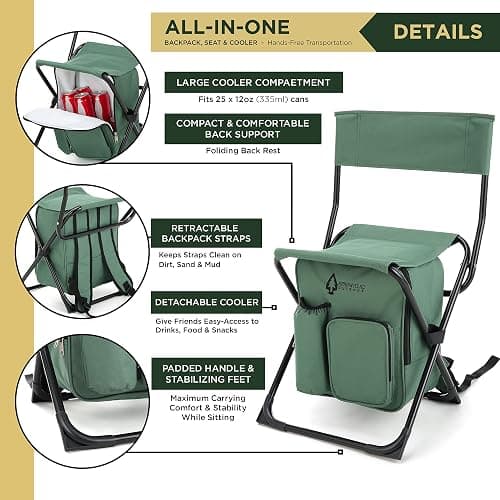 Arrowhead Outdoor Multi-Function 3-in-1 Compact Camp Chair: Backpack, Stool & Insulated Cooler, w/Bottle Holder & Storage Bag, External Pockets, Backrest, Fishing, Hiking, Heavy-Duty, USA-Based thumbnail 4