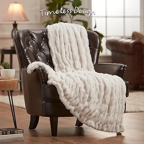 Chanasya Premium Ruched Faux Fur Throw Blanket - Luxurious, Soft Reversible Mink Blanket - 50" x 65” - Cloud - 50x65 Inches - A(cloud) thumbnail 2