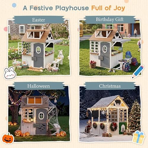 Albott Outdoor Wooden Playhouse with Kitchen Playset, Backyard Cottage Playhouse for Kids with Bench, Awning, Chalkboard, Pet Door and Dutch Door, Pretend Play House for Boys and Girls Ages 3-8 thumbnail 8