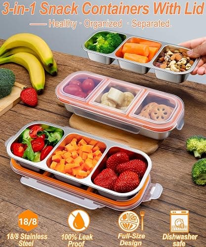 3-Pack Stainless Steel Snack & Lunch Containers for Kids & Adults, 20 oz | 3 Sealed Compartments, Dishwasher-safe, Leak-proof, Stackable, Clear lid, 10.7 in long, For daycare, school, work & travel thumbnail 2