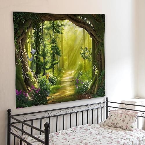 WNAGT Green Enchanted Forest Tapestry Wall Hanging, Cottage Core Decor, Magical Fantasy Sunray Woods Butterfly Botanical Wall Blanket Decor for Home Bedroom Living Room Office, 50x60 Inch thumbnail 4