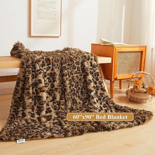 XeGe Luxury Faux Fur Leopard Print Blanket, Soft Cheetah Patterned Fluffy Bed Blanket, Shaggy Plush Decorative Couch Throw, Cute Furry Animal Print Fuzzy Throw for Sofa Bed Couch, Brown, 60x90 thumbnail 2