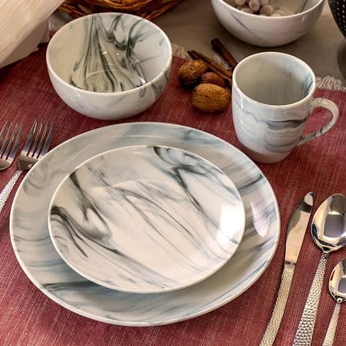 Elama Fine Marble 16 Piece Stoneware Dinnerware Set in Black and White - 16 Piece - Black and White Marble thumbnail 2