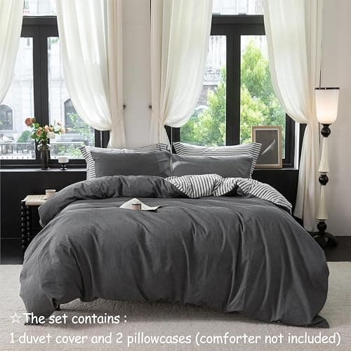 Warm Moment 3Pcs Reversible Grey White Medium Striped King Duvet Cover Set | Solid Grey Reverse,Linen Feel,Washed Cotton,1 Duvet Cover & 2 Pillow Shams,Hidden Zipper,Soft Breathable8 Corner Ties thumbnail 2