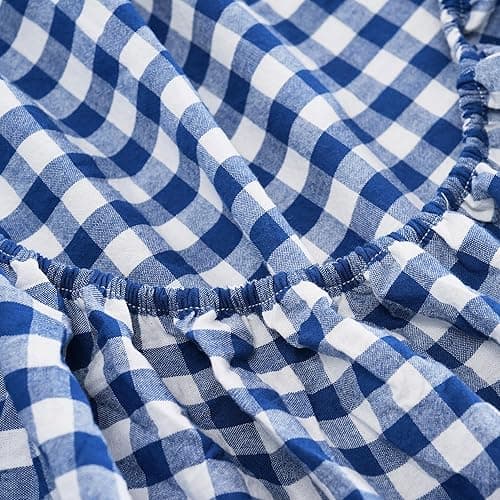 Cotton Queen Sheet Set 4 Piece Gingham Bed Sets, Soft, Smooth, Durable, Easy Care, 16" Deep Pocket Checkered Queen Sheets - 1 Flat, 1 Fitted, 2 Pillowcases Blue Color - Checkered Blue - Queen thumbnail 3