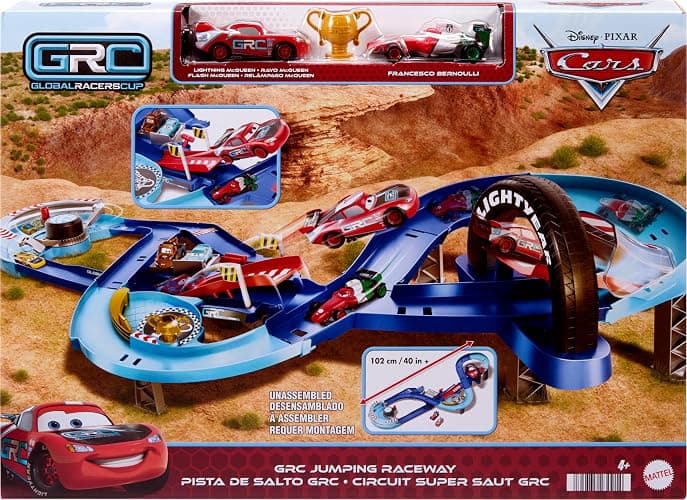 Mattel Disney and Pixar Cars Playset with 2 Toy Cars, Lightning McQueen & Francesco Bernoulli, GRC Jumping Raceway Track Set with Kid-Powered Booster thumbnail 6