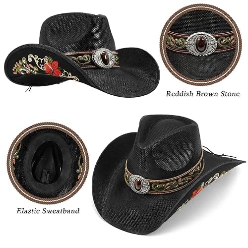 FLUFFY SENSE. Cowboy Hats for Women and Men Straw Western Hat Embroidered Cowboy Hat for Cowboys and Cowgirls thumbnail 3