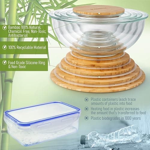 dokaworld Stackable Space-Saving Set of 5 Nesting Glass Bowls with Bamboo Lids for Foodprep, Storage, Baking, Mixing & Cooking, Microwave & Oven Safe BPA Free Heat Resistant Inert Borosilicate Glass thumbnail 6