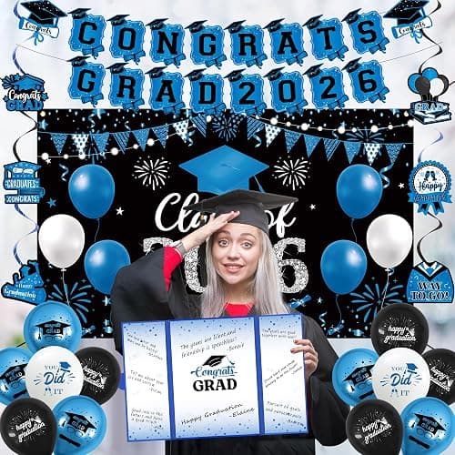 Vlipoeasn Blue 2026 Graduation Party Decorations 2026 College/High School Graduation Decorations Party Supplies, Class of 2026 Congrats Grad Backdrop Banner Signature Book thumbnail 4