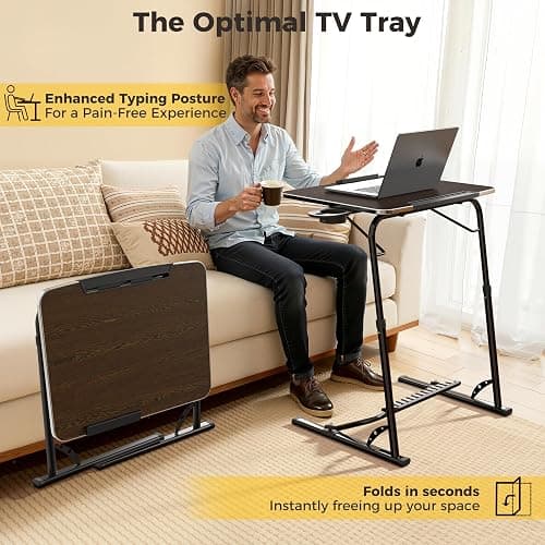 FoldWise Upgraded Folding TV Tray Table - Extra Large & Sturdy Laptop Table for Couch, Height & Angle Adjustable Desk for Dinner, Work & TV - Includes Footrest, Cup Holder, iPad Holder & Edge Stopper thumbnail 3