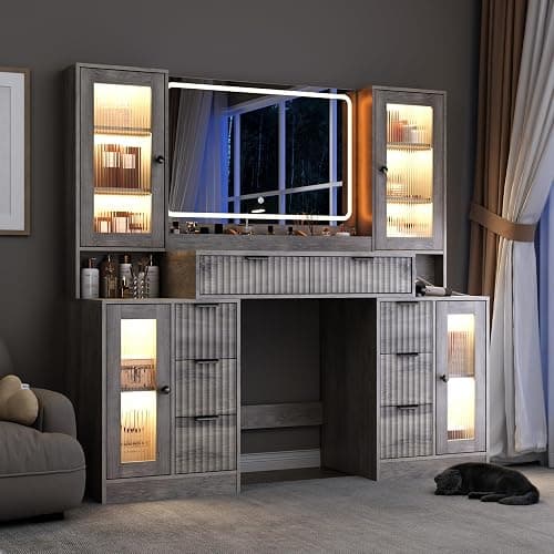 ANYMAPLE Fluted Vanity Desk with Mirror & Lights | 8 Drawers & 4 Cabinets, Tempered Glass Top, RGB Cabinet Lighting, 3-Color Dimmable Mirror, Charging Station thumbnail 8