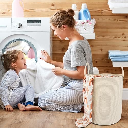 XUANGUO Cotton Rope Laundry Basket Hamper for Clothes Woven Storage Basket for Living Room Bedroom Boho Tall Rope Baskets for Blanket Toys Pillow Towels Baby Nursery Hamper Bin beige thumbnail 4