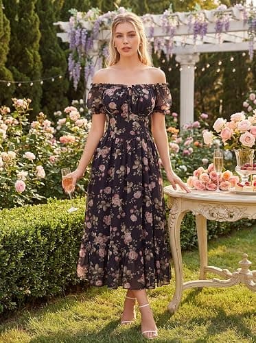 Scarlet Darkness Floral Corset Dress Women Summer Cottagecore Flowy Dress | Puff sleeve, off the shoulder or square neck, slit hem, side pockets; ideal for tea party, wedding, vacation, date thumbnail 4
