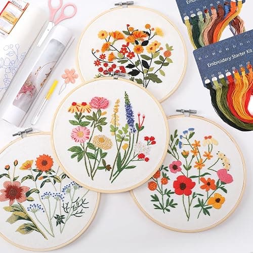 VIVIDOX 4 Sets Embroidery Kit for Beginners with Stitch Video, Flower Cross Stitch Kits for Adults, Starter, Hand Craft Lover Practice with Floral Stamped Pattern, 2 Hoops, 16 Needles, Scissors, Tools - Image 1