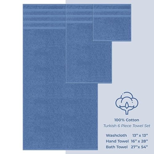 American Soft Linen Luxury 6 Piece Towel Set, 2 Bath Towels 2 Hand Towel 2 Washcloths, 600 GSM 100% Cotton Turkish Towels for Bathroom, Electric Blue Towel Sets thumbnail 5