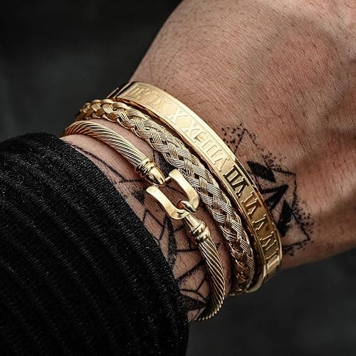 WFYOU 3PCS Stainless Steel Bracelets for Men Gold Roman Numeral Bangle Bracelet Twisted Cable Bracelet Adjustable Cuff Bracelet Mens Luxury Jewelry Bracelets Gifts thumbnail 3