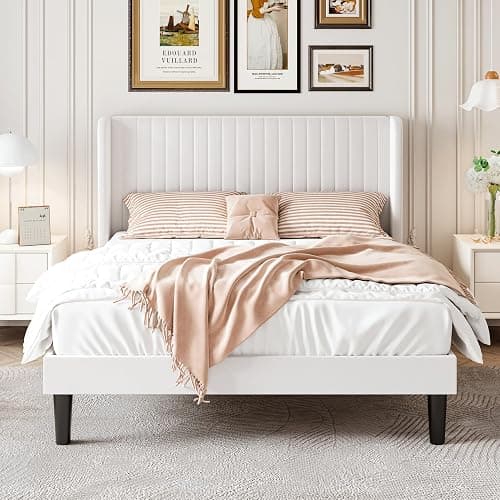 SHA CERLIN Full Size Velvet Bed Frame with Vertical Channel Tufted Wingback Headboard, Upholstered Platform Bed with Wood Slats, No Box Spring Needed, Easy Assembly, White thumbnail 3