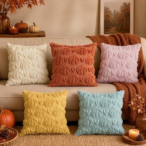 AVOIN colorlife Fall Pumpkin Heart Caramel Throw Pillow Covers, 18 x 18 Inch Autumn Thanksgiving Harvest Soft Plush Faux Fur Jacquard Cushion Case Decoration for Sofa Set of 2 thumbnail 5