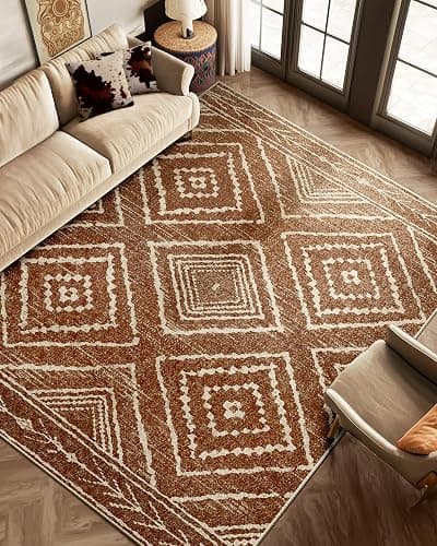 Area Rug 8x10 Rug Machine Washable Non-Slip Low Pile Print Pattern Western Rug for Living Room Bedroom Entryway Tribal Series -Yellowbrown/Cream - Yellowbrown/Cream - 8' x 10' (Rectangular) - Image 1