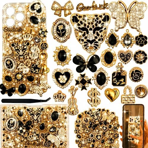 AVELICE Junk Case Large Charm Kit, Glam Black Phone Case Charms with Black Rhinestone Leopard Head,Blackk Rhinestone Butterflies&Black Alloy Flower for DIY Girls & Social Media Crafting - Image 1