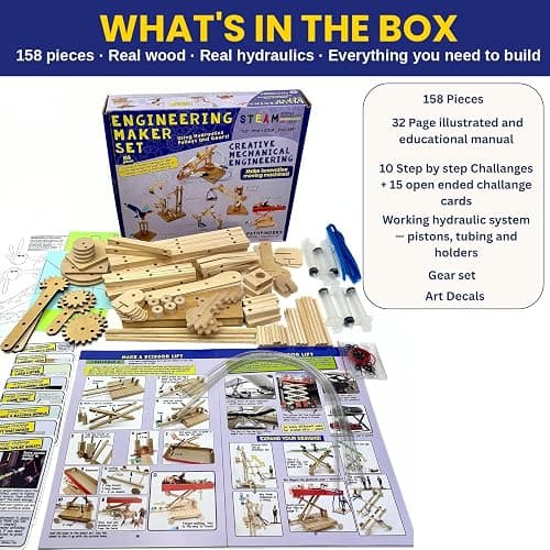 PATHFINDERS Engineering Maker Set — Real Wood STEM Building Kit | Hydraulics, Gears, Levers & Pulleys | 10 Challenges + 15 Challenge Cards | Ages 8+ thumbnail 3