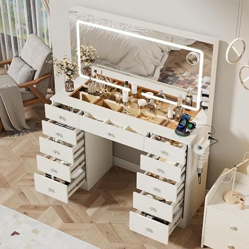 Otterease White Makeup Vanity, 11 Drawers Vanity Mirror with Lights, Makeup Vanity Desk with 3 Lighting Modes Adjustable Brightness, Vanity with Glass Top for Bedroom - Image 1