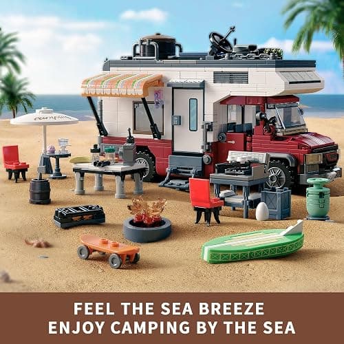 TYCOLE City Camper Van Building Set-Beach Camping Themed Construction Toy Kit with Mini Accessories&Lights, RV Car Model Compatible with Legos,Birthday Gift for Adults and Kids 6+(880 pcs) thumbnail 2