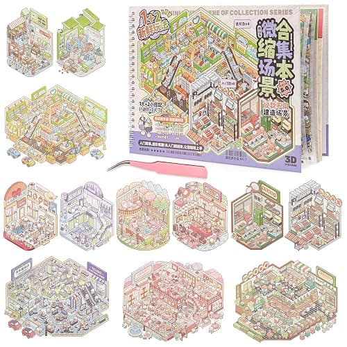 Dizdkizd 3D Sticker Scene Book, 12 Cute Miniature Scenes House Stickers Easy-Peel Pre-Cut DIY Crafts for Adults Kids, Calming Stress Relief Party Favors Fun Activity - Image 1