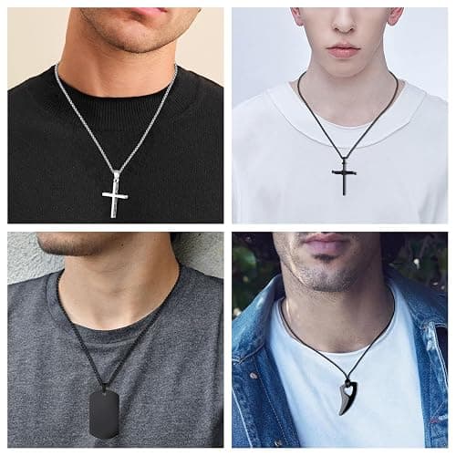 MAIBAOTA 8 Pcs Necklace for Men, Mens Necklaces Jewelry Set, Black and Silver Stainless Steel Necklace, Cross Pendant Necklace, 16-24 inches Chain thumbnail 4
