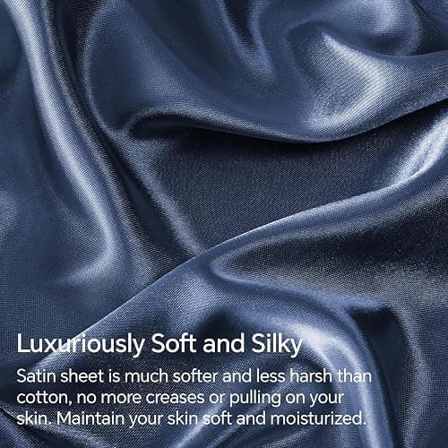 BEDELITE Satin Sheets Queen Size Bed Set, Luxury Soft Navy Silky Sheets for Hair and Skin, Similar to Silk Bed Sheets Set 4 Pieces （1 Deep Pocket Fitted Sheet, 1 Flat Sheet, and 2 Pillowcases） thumbnail 3
