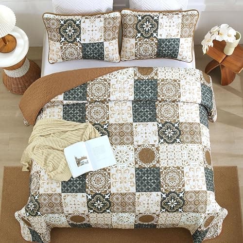 Dobuyly Brown Quilt Set Queen Size, Boho Plaid Patchwork Bedspreads Coverlet Set, 3 Pieces Soft Lightweight Microfiber Fall Quilt Bedding Set for All Seasons 96"x90" thumbnail 3