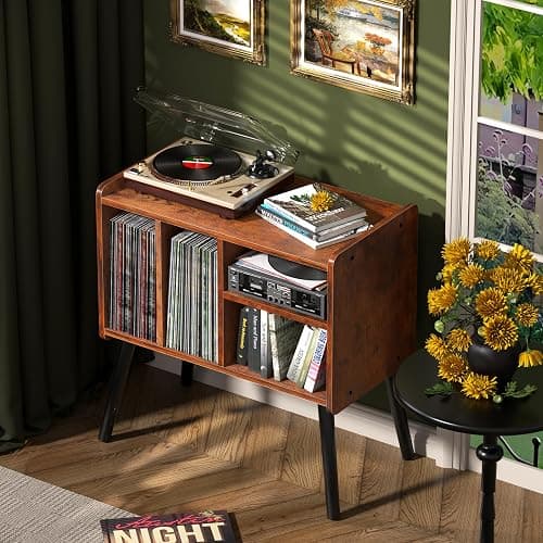 UODERS Record Player Table, Mid-Century Record Player Stand with Vinyl Storage Hold Up to 150+ Albums, Vinyl Record Cabinet with Adjustable Shelves, Wood Turntable Stand for Music Living Room (Brown) thumbnail 4