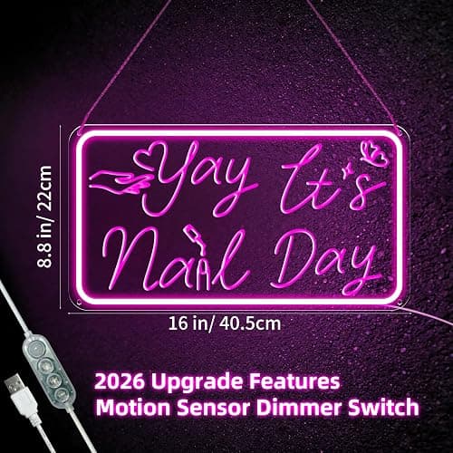 Yay It's Nail Day Neon Sign, Pink Neon Sign with 3D Carving Butterfly，Nails Neon Signs for Wall Decor, Bedroom - 3-Mode Dimmable USB Powered Salon Decor, Gifts for Nail Tech 16x8.8 Inches thumbnail 2