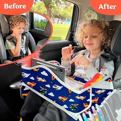 PILLANI Kids Travel Tray for Car - Toddler Airplane Travel Essentials w/ Activity Sheets, Pens & Dry Erase Board - Kids Travel - Must Have Toddler Lap Desk Organizer for Airplane - Travel Accessories thumbnail 4