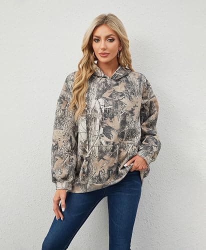 Eutten Womens Camo Hoodies Maple Leaf Print Oversized Hooded Sweatshirt Fleece Pullover Sweatshirts Long Sleeve with Pocket thumbnail 4