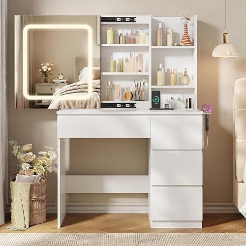 Vabches Make Up Vanity Desk with Charging Station, Vanity Set with Mirror and Stool and Lights,Dressing Table with 4 Drawers & Storage Shelves,37inch, White - Image 1